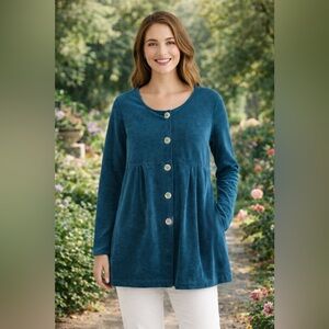 Soft Surroundings Teal Button Front Shacket Medium Thick Knit Tunic Jacket